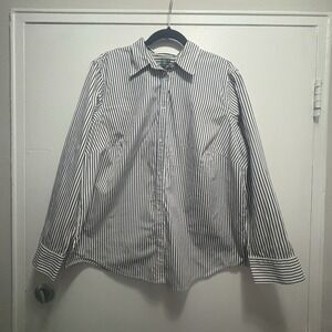 Ralph Lauren Size 1X Cream Black Stripe Shirt Blouse Top Women 100% Cotton Flaw‎